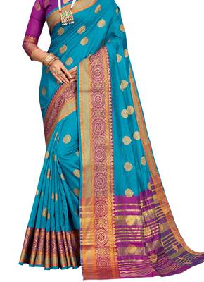Turquoise Woven Cotton Silk Saree With Blouse 2