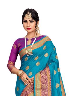 Turquoise Woven Cotton Silk Saree With Blouse 3