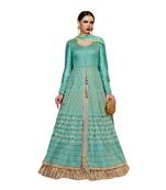 Turquoise Embroidered Art Silk Semi Stitched Salwar With Dupatta