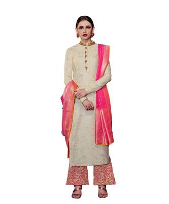 Cream Embroidered Art Silk Semi Stitched Salwar With Dupatta 1