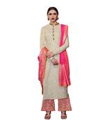 Cream Embroidered Art Silk Semi Stitched Salwar With Dupatta