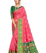 Pink Woven Cotton Silk Saree With Blouse