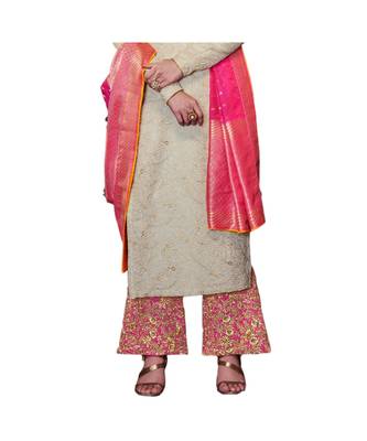 Cream Embroidered Art Silk Semi Stitched Salwar With Dupatta 2