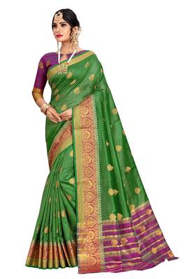 Green Woven Cotton Silk Saree With Blouse 1
