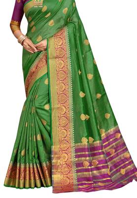 Green Woven Cotton Silk Saree With Blouse 2