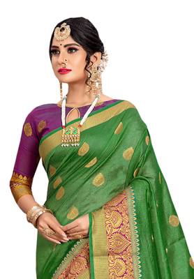 Green Woven Cotton Silk Saree With Blouse 3