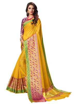 Yellow Woven Cotton Silk Saree With Blouse 1