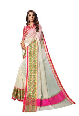 White Woven Cotton Silk Saree With Blouse 1