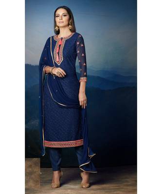 Blue Embroidered Georgette Semi Stitched Salwar With Dupatta 1