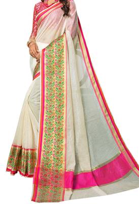 White Woven Cotton Silk Saree With Blouse 2