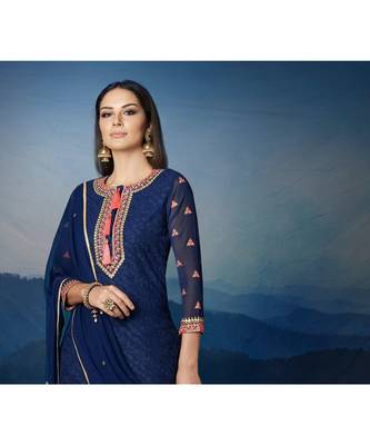Blue Embroidered Georgette Semi Stitched Salwar With Dupatta 2