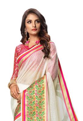 White Woven Cotton Silk Saree With Blouse 3