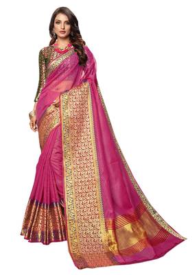 Pink Woven Cotton Silk Saree With Blouse 1