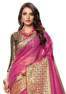 Pink Woven Cotton Silk Saree With Blouse 3