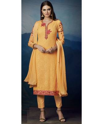 Yellow Embroidered Georgette Semi Stitched Salwar With Dupatta 1