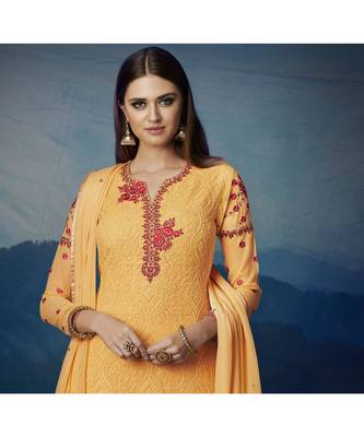 Yellow Embroidered Georgette Semi Stitched Salwar With Dupatta 2