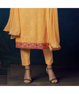 Yellow Embroidered Georgette Semi Stitched Salwar With Dupatta 3