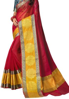 Red Woven Cotton Silk Saree With Blouse 2