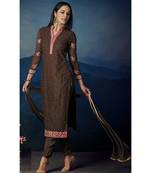 Brown Embroidered Georgette Semi Stitched Salwar With Dupatta