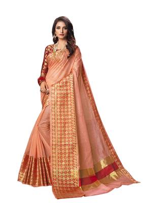 Peach Woven Cotton Silk Saree With Blouse 1