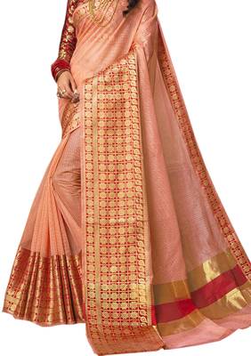 Peach Woven Cotton Silk Saree With Blouse 2