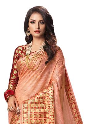Peach Woven Cotton Silk Saree With Blouse 3