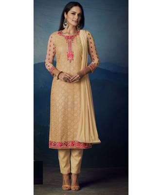 Cream Embroidered Georgette Semi Stitched Salwar With Dupatta 1