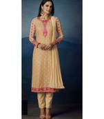 Cream Embroidered Georgette Semi Stitched Salwar With Dupatta