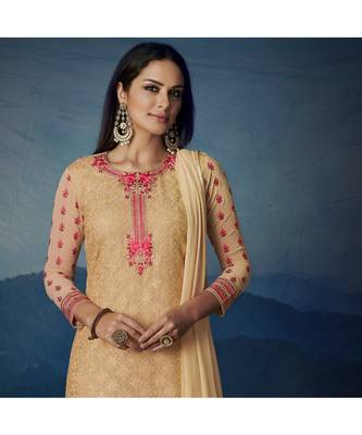 Cream Embroidered Georgette Semi Stitched Salwar With Dupatta 2