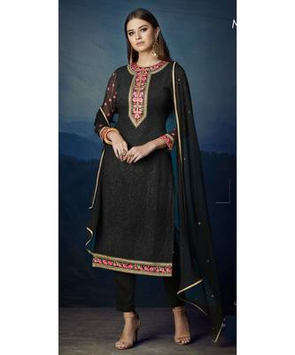 Black Embroidered Georgette Semi Stitched Salwar With Dupatta 1