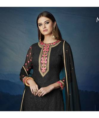Black Embroidered Georgette Semi Stitched Salwar With Dupatta 2