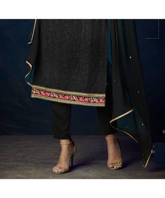 Black Embroidered Georgette Semi Stitched Salwar With Dupatta 3