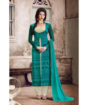Green Embroidered Satin Semi Stitched Salwar With Dupatta 1