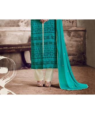 Green Embroidered Satin Semi Stitched Salwar With Dupatta 3