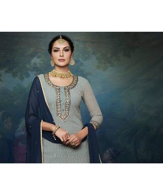 Grey Embroidered Georgette Semi Stitched Salwar With Dupatta 2