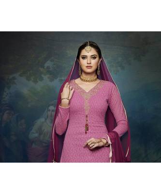 Magenta Embroidered Georgette Semi Stitched Salwar With Dupatta 2