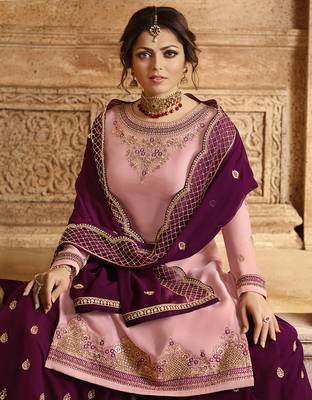 Partywear Designer Embroidery Baby Pink Satin Georgette Salwar Suit 1