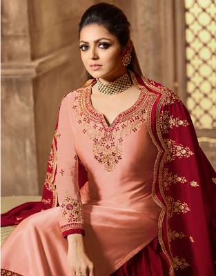 Partywear Designer Embroidery Light Salmon Satin Georgette Salwar Suit 1