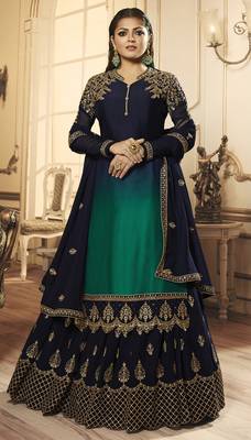 Designer Partywear Embroidery Navy Blue Georgette Satin Salwar Suit 1