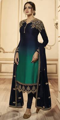 Designer Partywear Embroidery Navy Blue Georgette Satin Salwar Suit 2