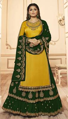 Designer Partywear Embroidery Yellow Georgette Satin Salwar Suit 1
