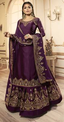 Designer Partywear Embroidery Dark Purple Georgette Satin Salwar Suit 1
