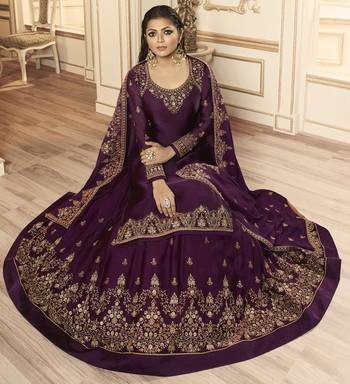 Designer Partywear Embroidery Dark Purple Georgette Satin Salwar Suit 2