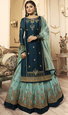 Designer Partywear Embroidery Rama Georgette Satin Salwar Suit 1