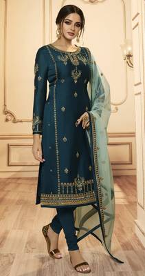Designer Partywear Embroidery Rama Georgette Satin Salwar Suit 2