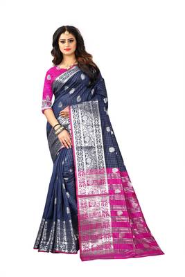 Navy Blue Woven Jacquard Saree With Blouse 1
