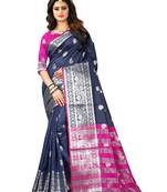 Navy Blue Woven Jacquard Saree With Blouse
