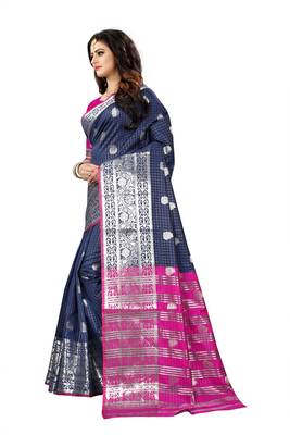 Navy Blue Woven Jacquard Saree With Blouse 2