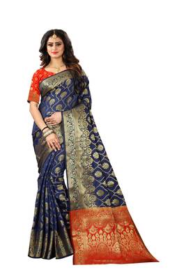 Navy Blue Woven Jacquard Saree With Blouse 1