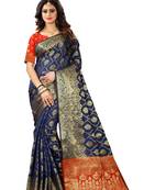 Navy Blue Woven Jacquard Saree With Blouse